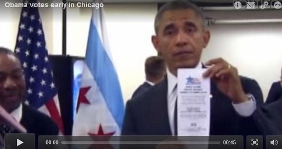 视频截图:美国总统奥巴马10月20日在芝加哥提前投票。